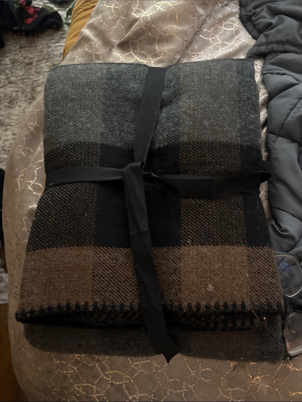 Woolrich Brown and Black Plaid Wool Throw Blanket